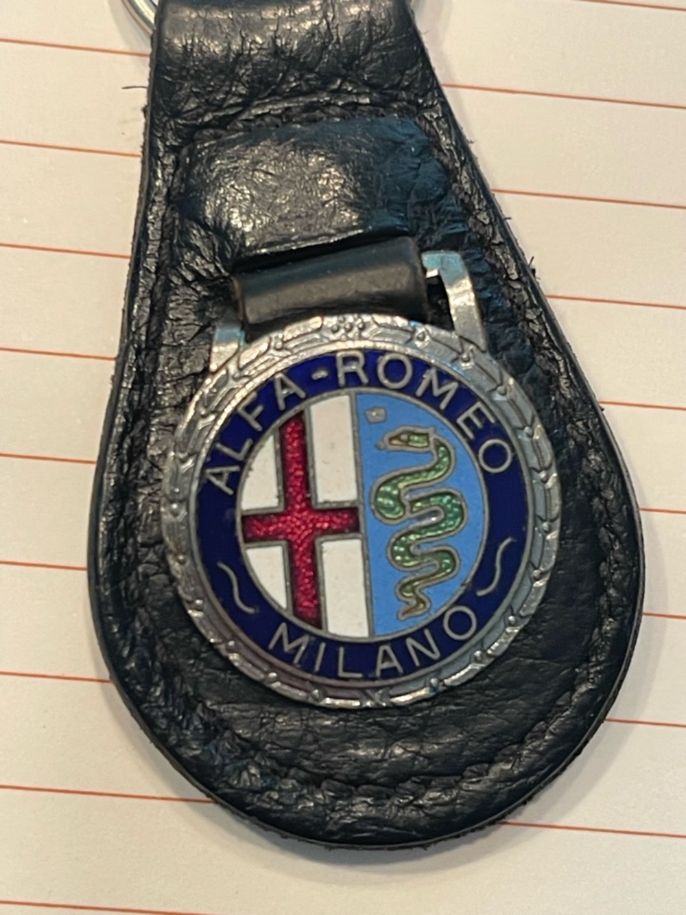 Alpha Romeo Milano Leather Keychain - Black with Enamel Crest